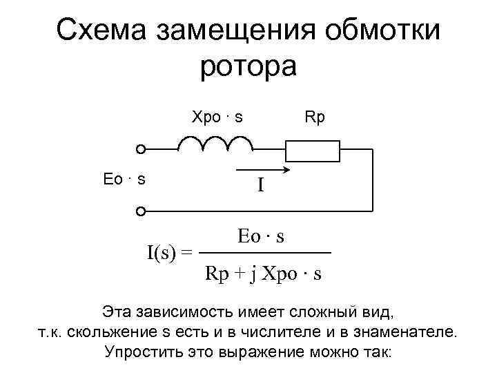 Схема замещения обмотки ротора Хро ∙ s Ео ∙ s Rр I I(s) =