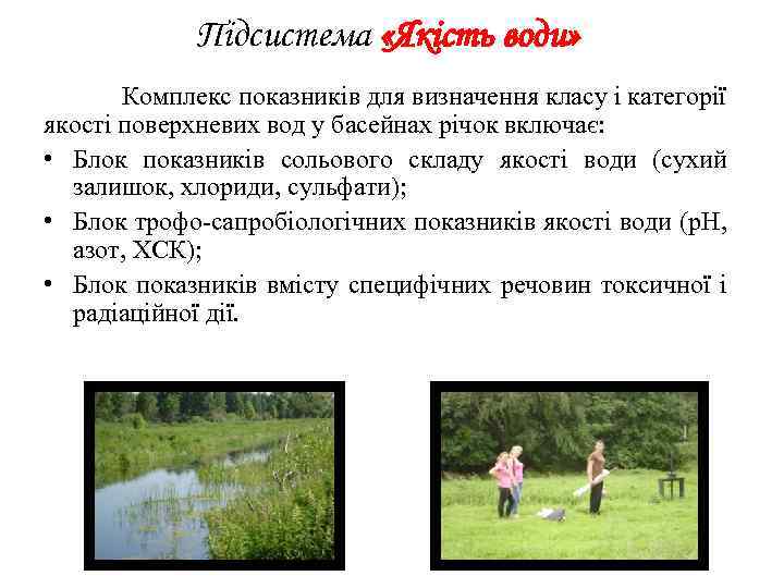 Підсистема «Якість води» Комплекс показників для визначення класу і категорії якості поверхневих вод у