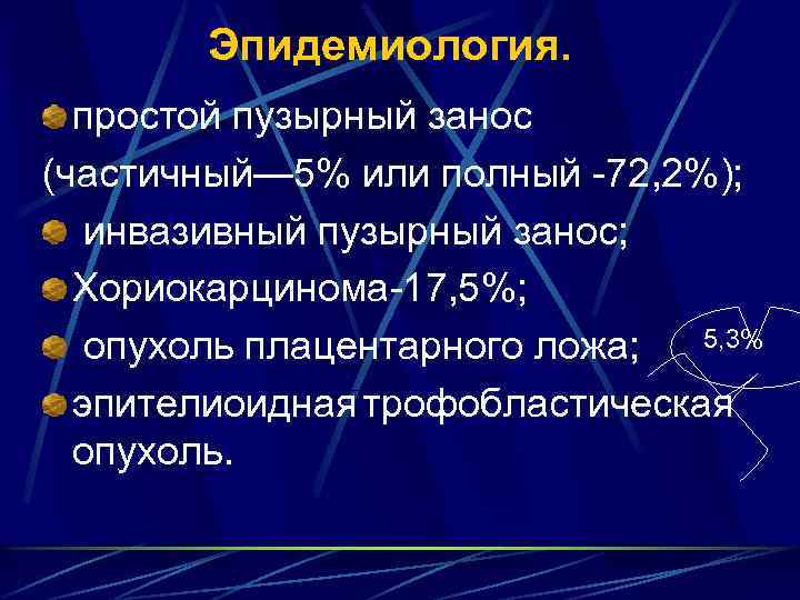 Эпидемиология. простой пузырный занос (частичный— 5% или полный 72, 2%); инвазивный пузырный занос; Хориокарцинома