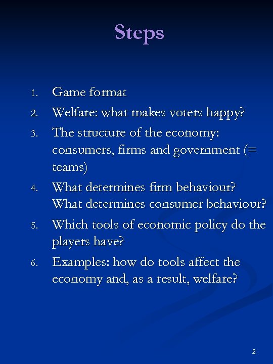 Steps 1. 2. 3. 4. 5. 6. Game format Welfare: what makes voters happy?