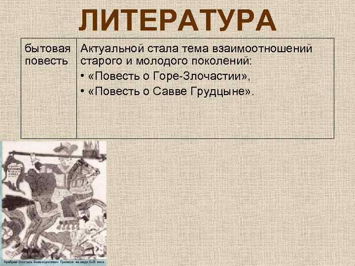 ЛИТЕРАТУРА бытовая Актуальной стала тема взаимоотношений повесть старого и молодого поколений: • «Повесть о