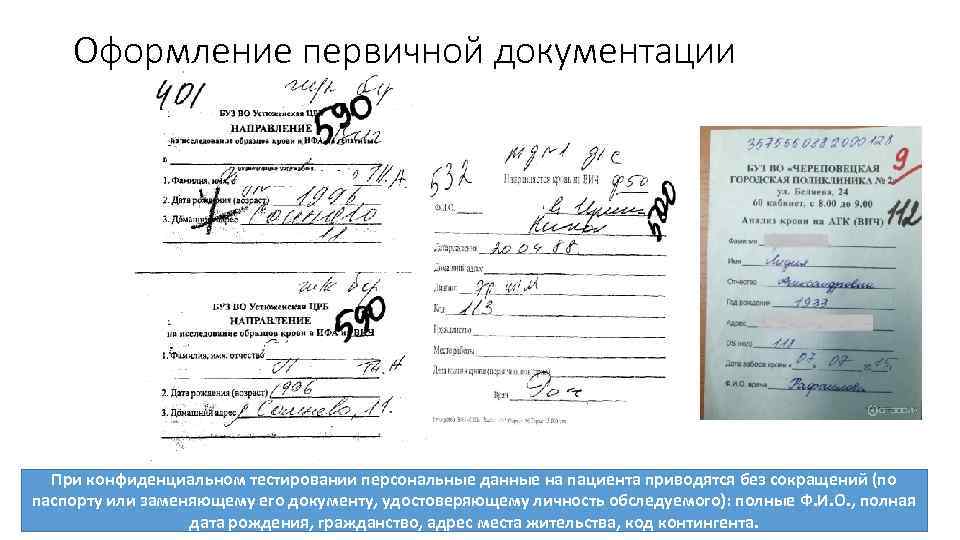 Оформление первичной документации При конфиденциальном тестировании персональные данные на пациента приводятся без сокращений (по