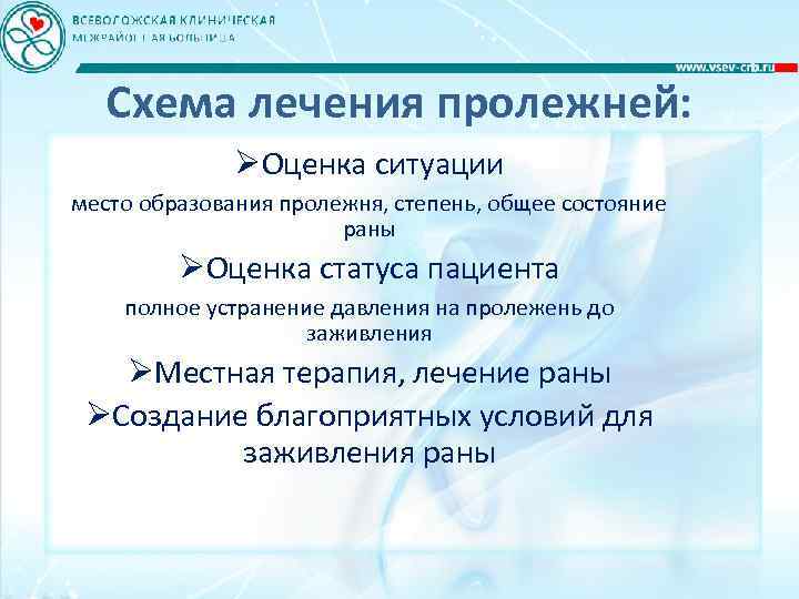 Схема лечения пролежней: Оценка ситуации место образования пролежня, степень, общее состояние раны Оценка статуса