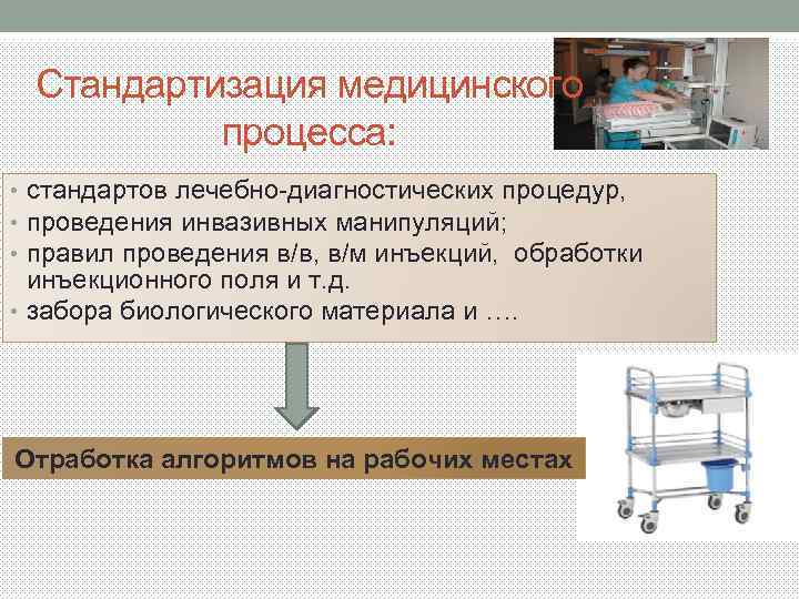 Стандартизация медицинского процесса: • стандартов лечебно-диагностических процедур, • проведения инвазивных манипуляций; • правил проведения