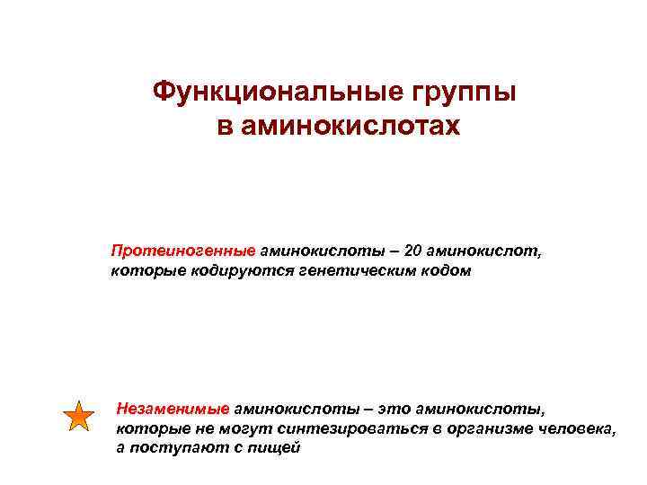 Функциональные группы в аминокислотах Протеиногенные аминокислоты – 20 аминокислот, которые кодируются генетическим кодом Незаменимые