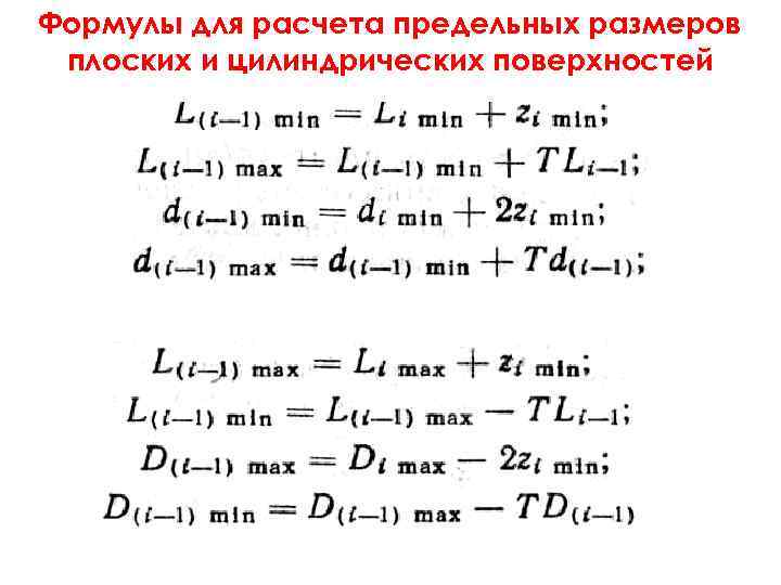 Формулы для расчета предельных размеров плоских и цилиндрических поверхностей 