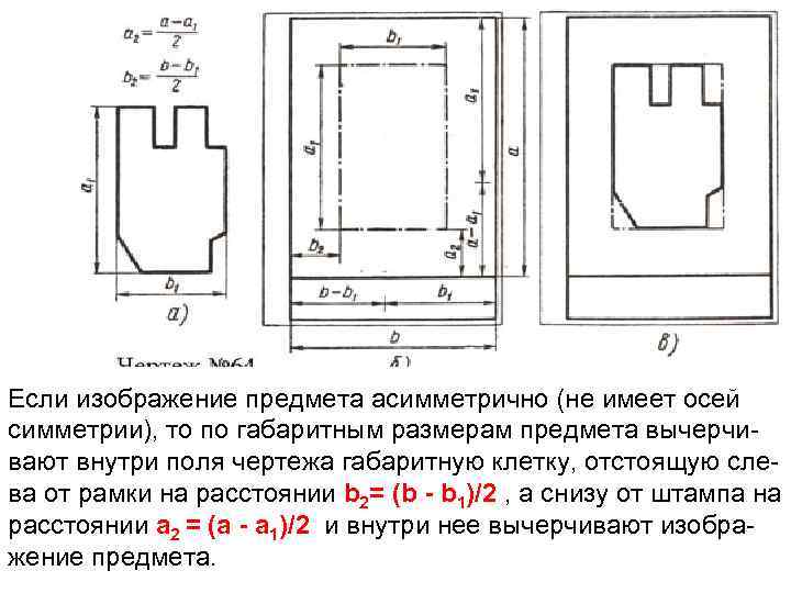 Если изображение предмета асимметрично (не имеет осей симметрии), то по габаритным размерам предмета вычерчи