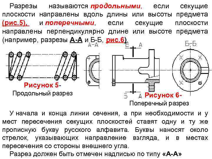 Разрезы называются продольными, если секущие плоскости направлены вдоль длины или высоты предмета (рис. 5),