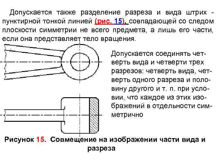 Допускается также разделение разреза и вида штрих пунктирной тонкой линией (рис. 15), совпадающей со