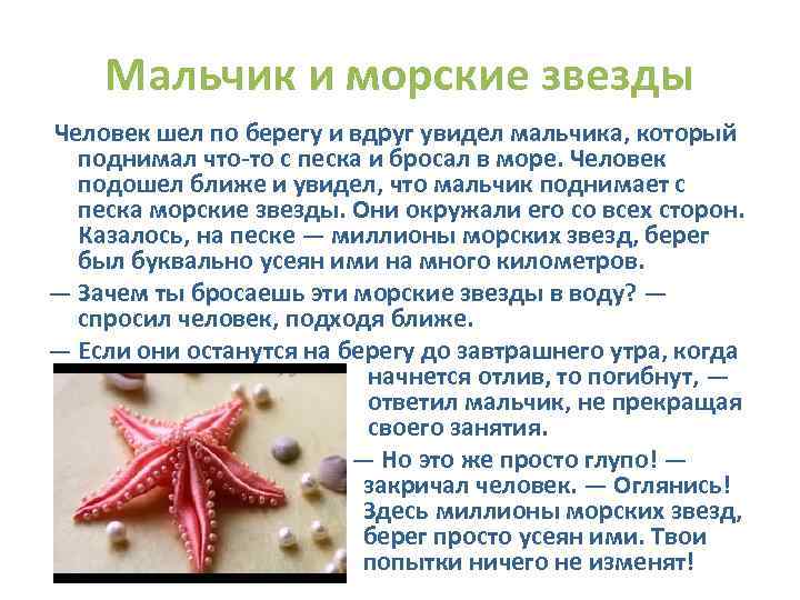 Мальчик и морские звезды Человек шел по берегу и вдруг увидел мальчика, который поднимал