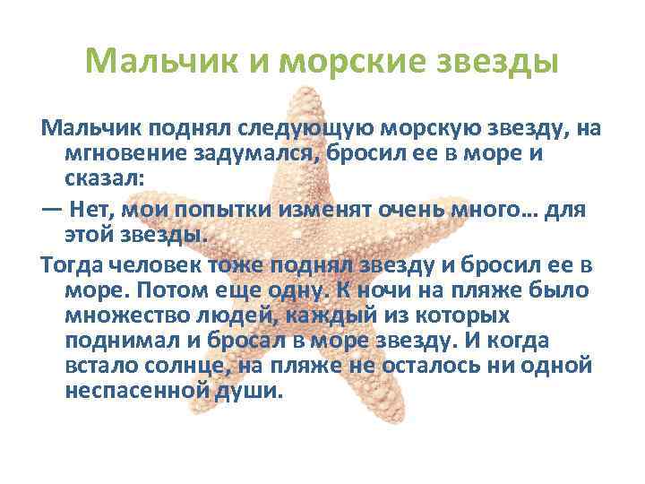 Мальчик и морские звезды Мальчик поднял следующую морскую звезду, на мгновение задумался, бросил ее