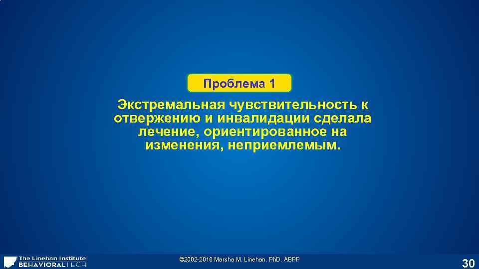 Проблема 1 Экстремальная чувствительность к отвержению и инвалидации сделала лечение, ориентированное на изменения, неприемлемым.