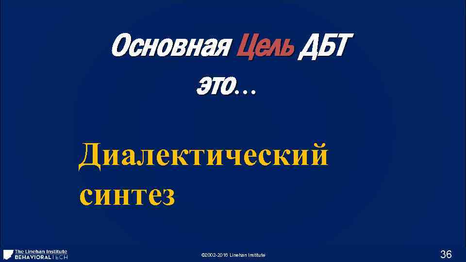 Основная Цель ДБТ это. . . Диалектический синтез © 2002 -2016 Linehan Institute 36