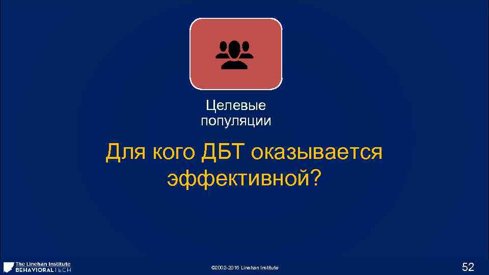 Целевые популяции Для кого ДБТ оказывается эффективной? © 2002 -2016 Linehan Institute 52 