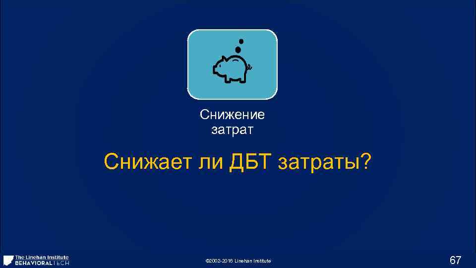 Снижение затрат Снижает ли ДБТ затраты? © 2002 -2016 Linehan Institute 67 