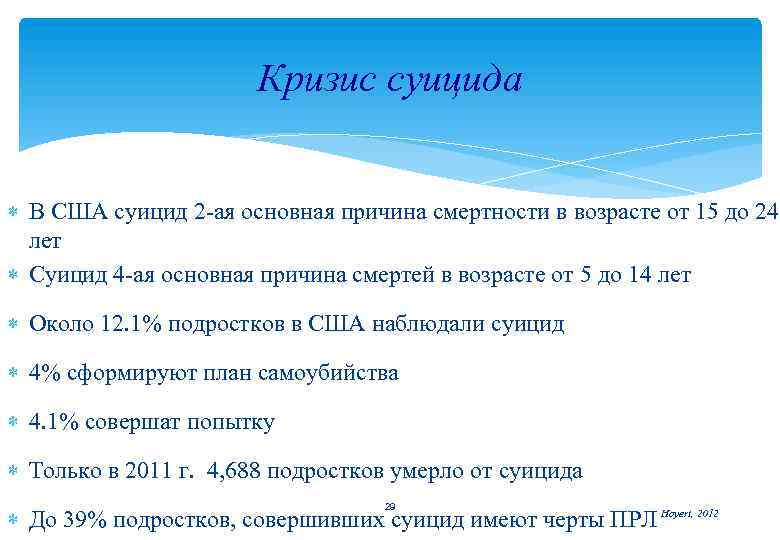 Кризис суицида В США суицид 2 -ая основная причина смертности в возрасте от 15