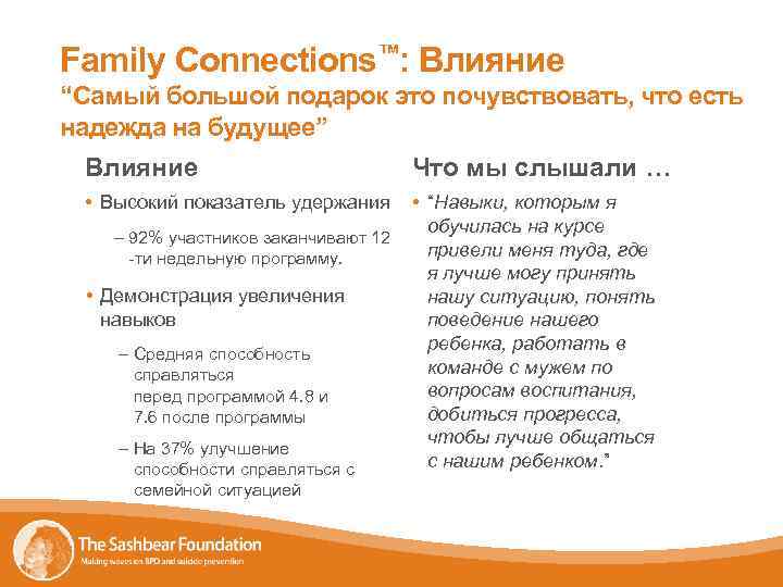 Family Connections™: Влияние “Самый большой подарок это почувствовать, что есть надежда на будущее” Влияние