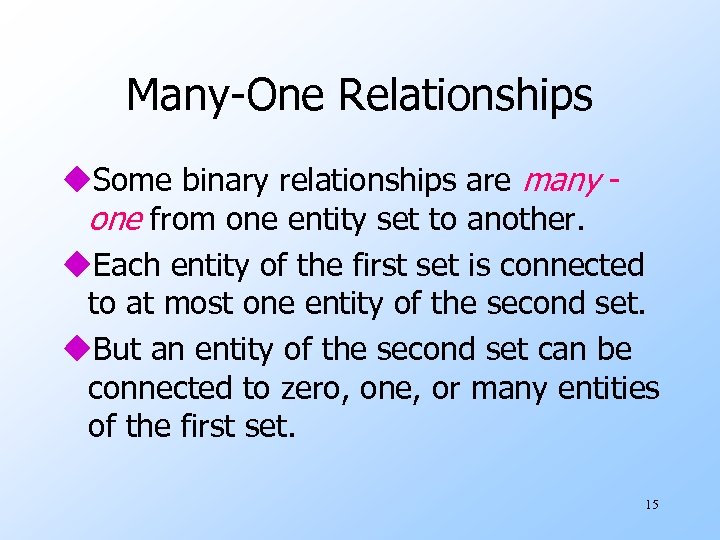 Many-One Relationships u. Some binary relationships are many one from one entity set to