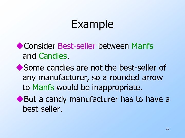 Example u. Consider Best-seller between Manfs and Candies. u. Some candies are not the