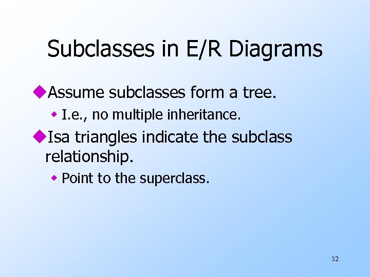 Subclasses in E/R Diagrams u. Assume subclasses form a tree. w I. e. ,