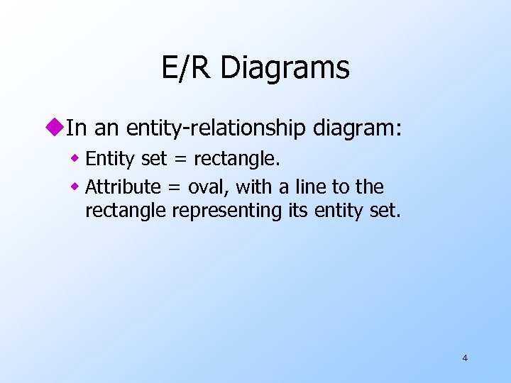 E/R Diagrams u. In an entity-relationship diagram: w Entity set = rectangle. w Attribute