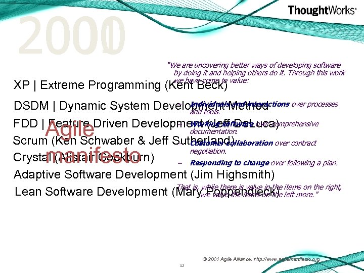 2001 2000 “We are uncovering better ways of developing software by doing it and