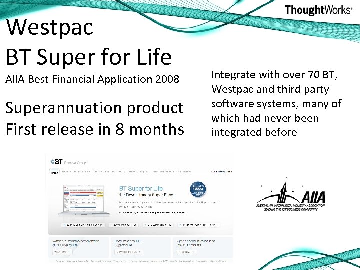 Westpac BT Super for Life AIIA Best Financial Application 2008 Superannuation product First release