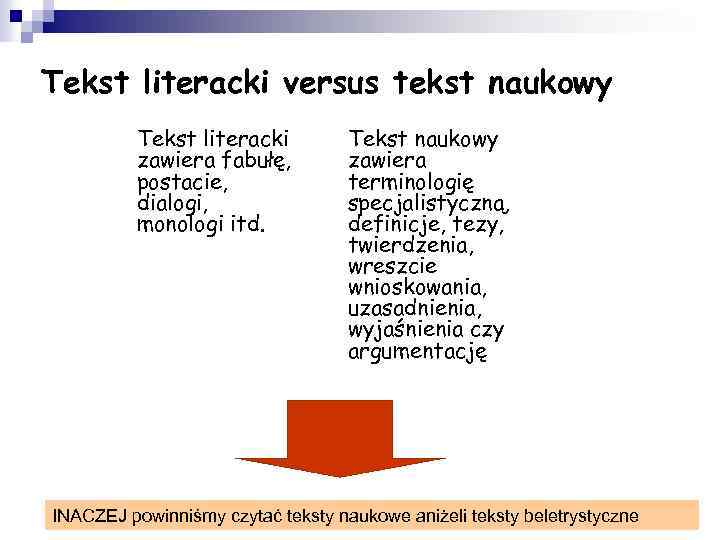 Tekst literacki versus tekst naukowy • Tekst literacki zawiera fabułę, postacie, dialogi, monologi itd.