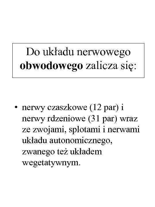 Do układu nerwowego obwodowego zalicza się: • nerwy czaszkowe (12 par) i nerwy rdzeniowe