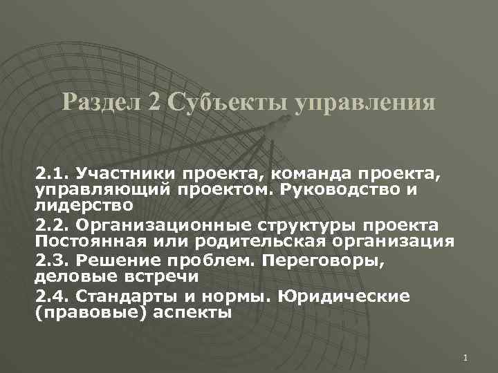 Раздел 2 Субъекты управления 2. 1. Участники проекта, команда проекта, управляющий проектом. Руководство и