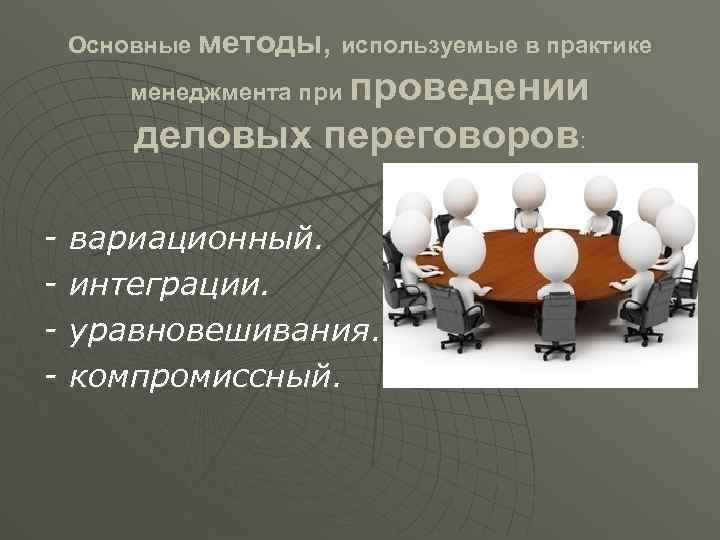 Основные методы, используемые в практике проведении деловых переговоров: менеджмента при - вариационный. интеграции. уравновешивания.