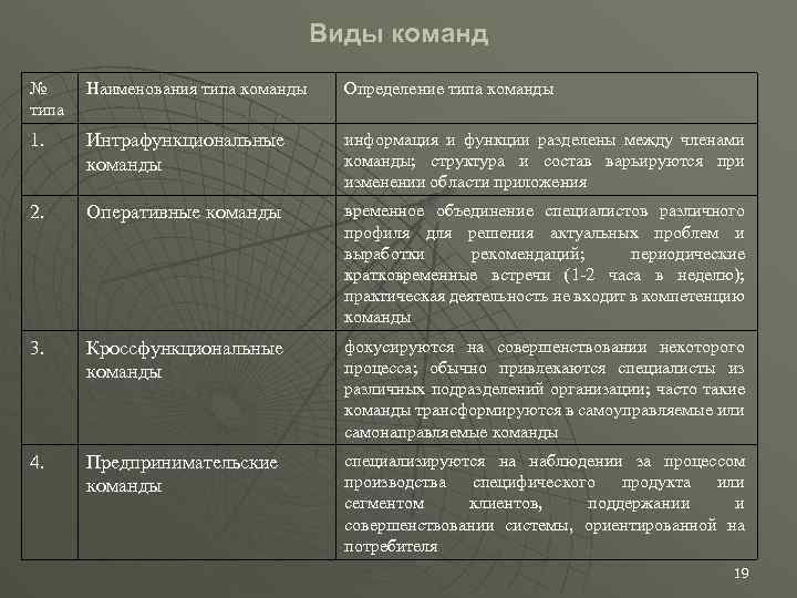 Виды команды проекта