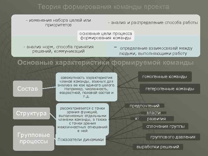 Теория формирования команды проекта - изменение набора целей или приоритетов - анализ и распределение