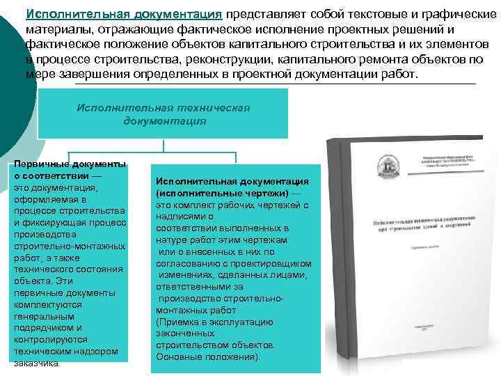 Исполнительная документация представляет собой текстовые и графические материалы, отражающие фактическое исполнение проектных решений и