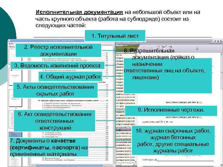 Исполнительная документация на небольшой объект или на часть крупного объекта (работа на субподряде) состоит