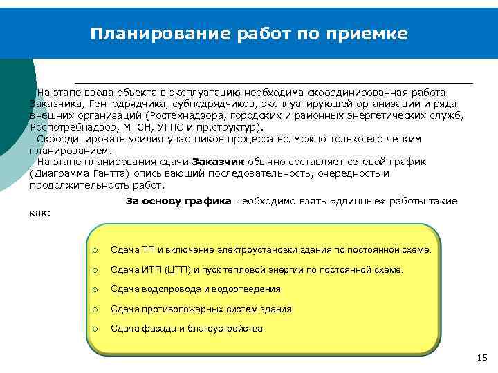 Планирование работ по приемке На этапе ввода объекта в эксплуатацию необходима скоординированная работа Заказчика,