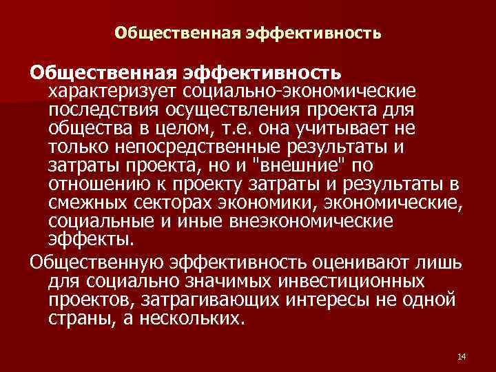 Общественная эффективность характеризует социально-экономические последствия осуществления проекта для общества в целом, т. е. она