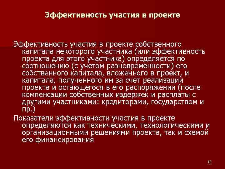 Эффективность участия в проекте собственного капитала некоторого участника (или эффективность проекта для этого участника)