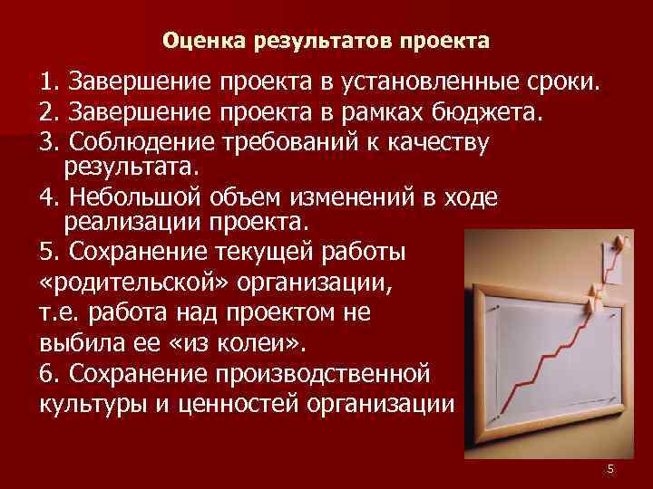 Оценка результатов проекта 1. Завершение проекта в установленные сроки. 2. Завершение проекта в рамках