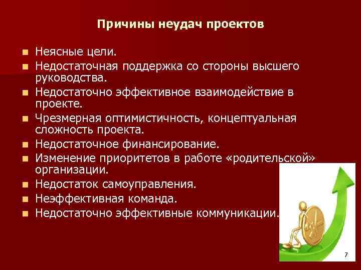 Причины неудач проектов n n n n n Неясные цели. Недостаточная поддержка со стороны