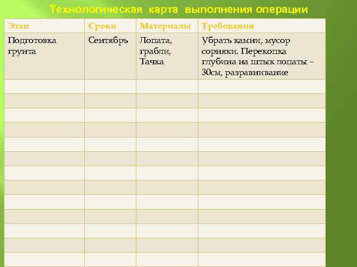 Технологическая карта выполнения операции Этап Сроки Материалы Требования Подготовка грунта Сентябрь Лопата, грабли, Тачка