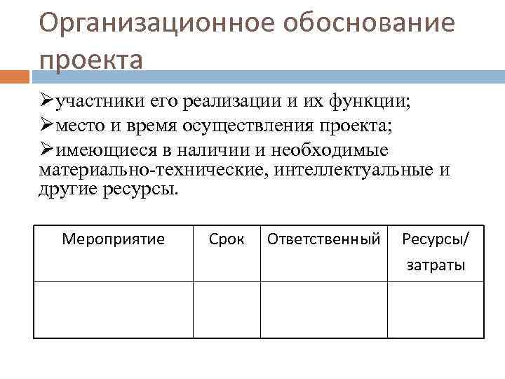 Организационное обоснование проекта Øучастники его реализации и их функции; Øместо и время осуществления проекта;