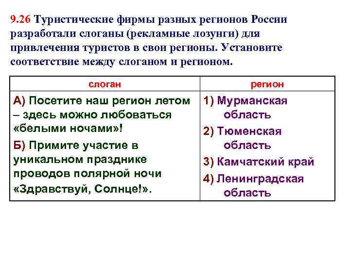 Рекламные слоганы для привлечения туристов. Туристические фирмы разных регионов России. Туристические фирмы разных регионов. Установите соответствие между рекламными лозунгами и островами.