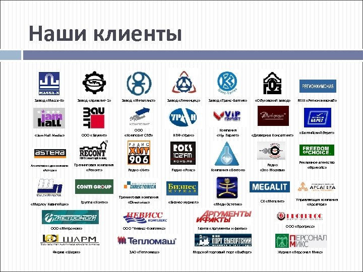 Наши клиенты Завод «Масса-К» Завод «Армалит-1» Завод «Металлист» Завод «Ленинцец» Завод «Транс-Балтия» «Обуховский завод»