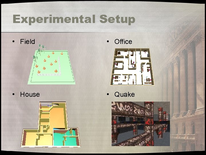 Experimental Setup • Field • Office • House • Quake 
