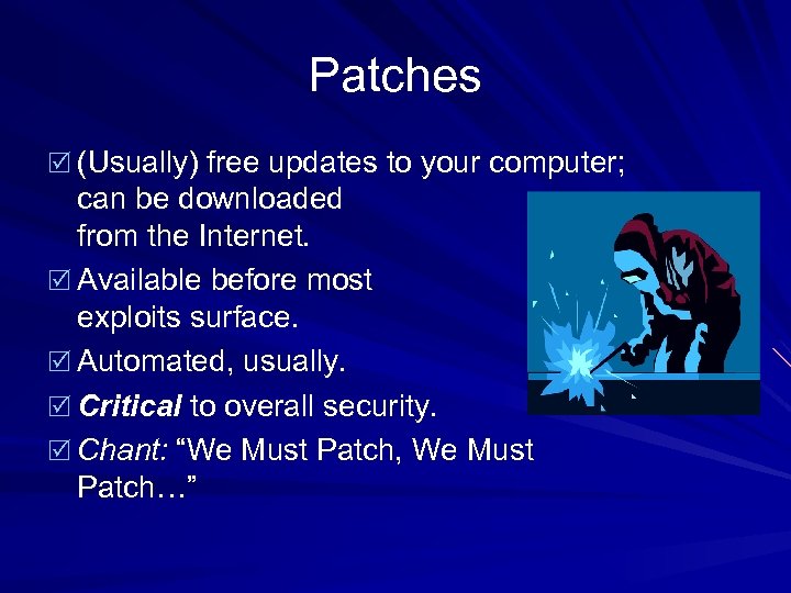 Patches R (Usually) free updates to your computer; can be downloaded from the Internet.