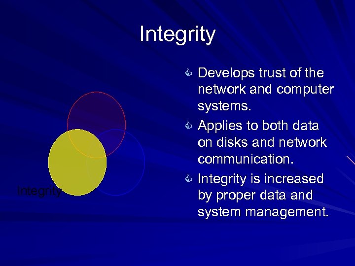 Integrity C Develops trust of the Integrity network and computer systems. C Applies to