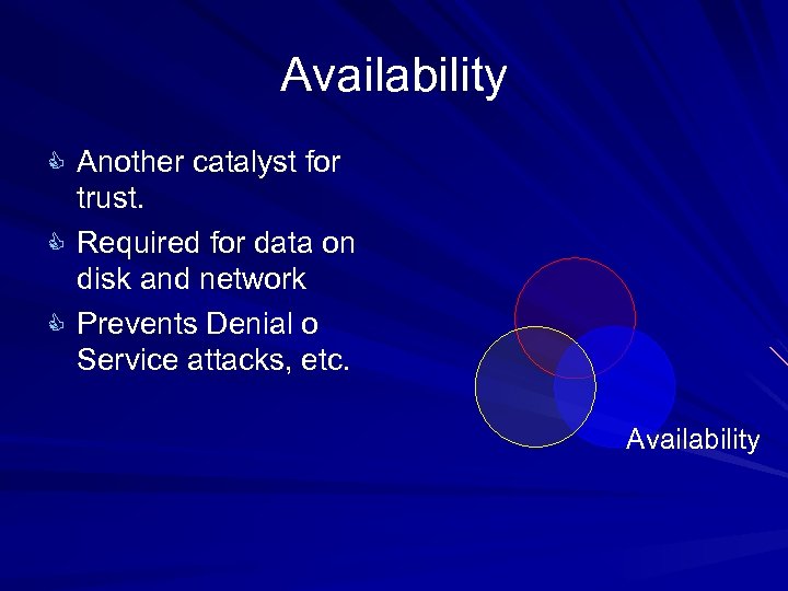 Availability C Another catalyst for trust. C Required for data on disk and network
