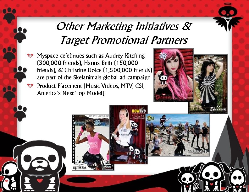 Other Marketing Initiatives & Target Promotional Partners Myspace celebrities such as Audrey Kitching (300,