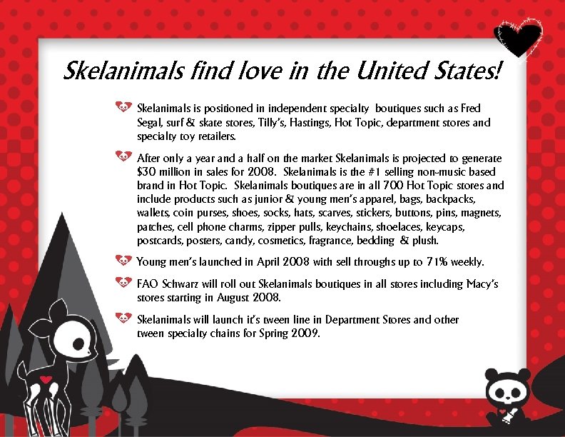 Skelanimals find love in the United States! Skelanimals is positioned in independent specialty boutiques